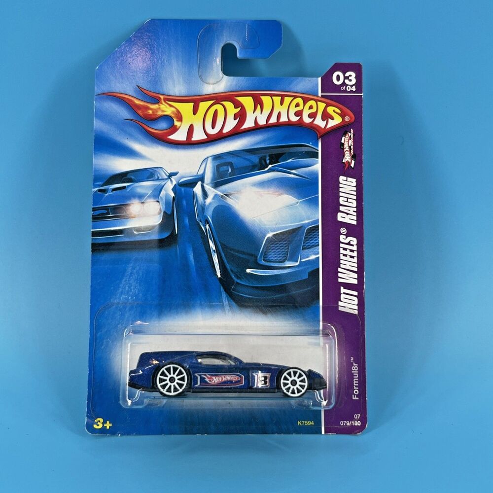 2007 Hot Wheels Racing Series 3/4 FORMUL8R Blue w/White 10 Spoke Wheels #079 NIP